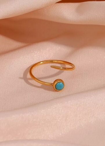 RGPS-10G Qiana Stainless Steel Gold Plated Round Blue Turquoise Adjustable Ring